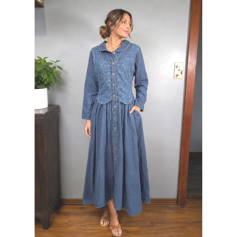 Country Cowgirl Button Front Denim Maxi Dress 3X Long Sleeve Prairie Western